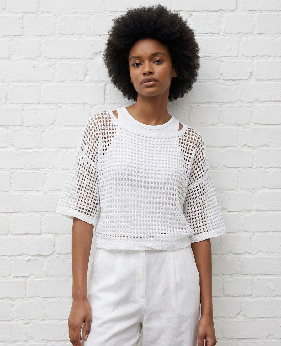 CROCHET MESH TOP - WHITE