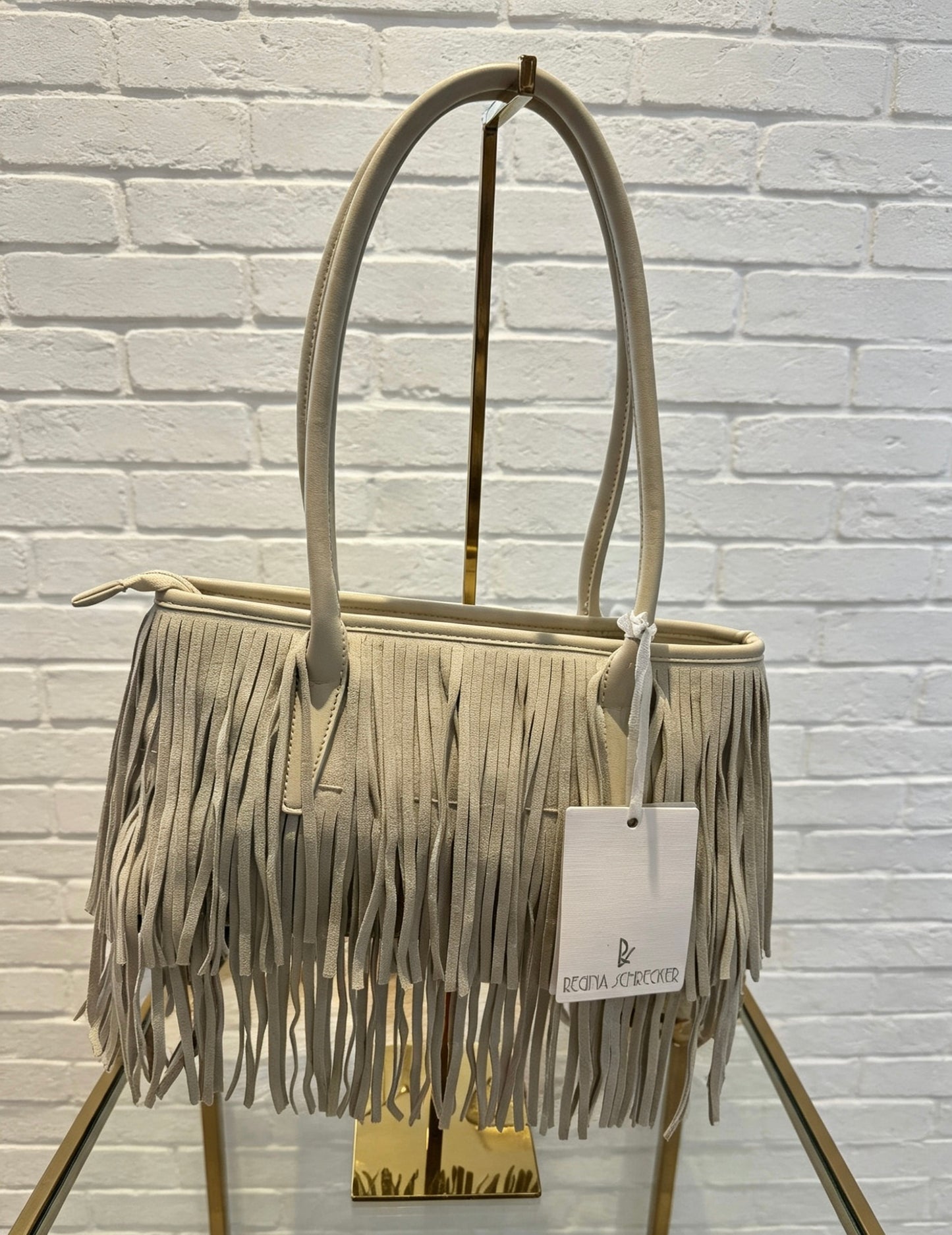 FAUX SUEDE FRINGE BOWLER BAG - BEIGE