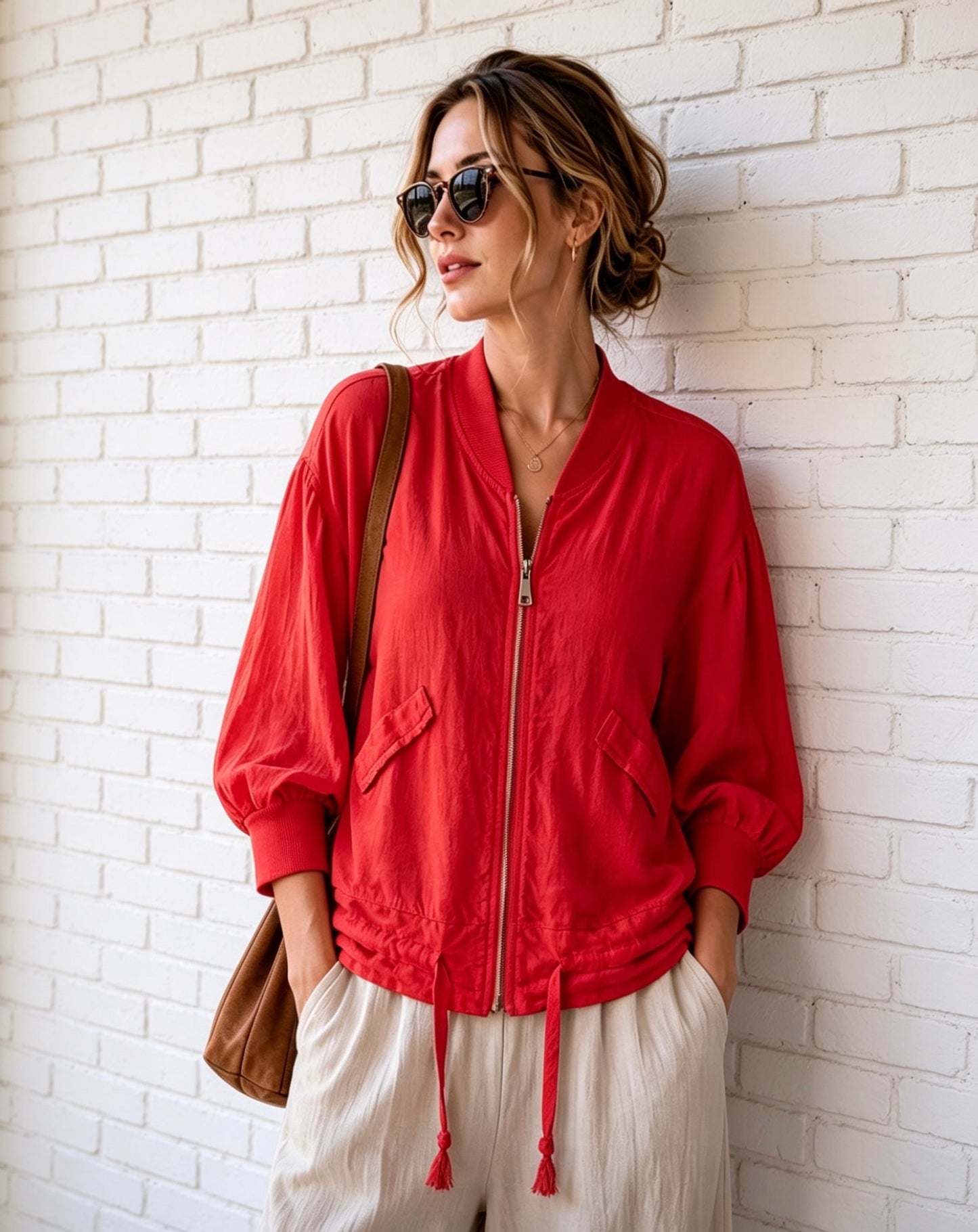 LINEN BOMBER JACKET - RED