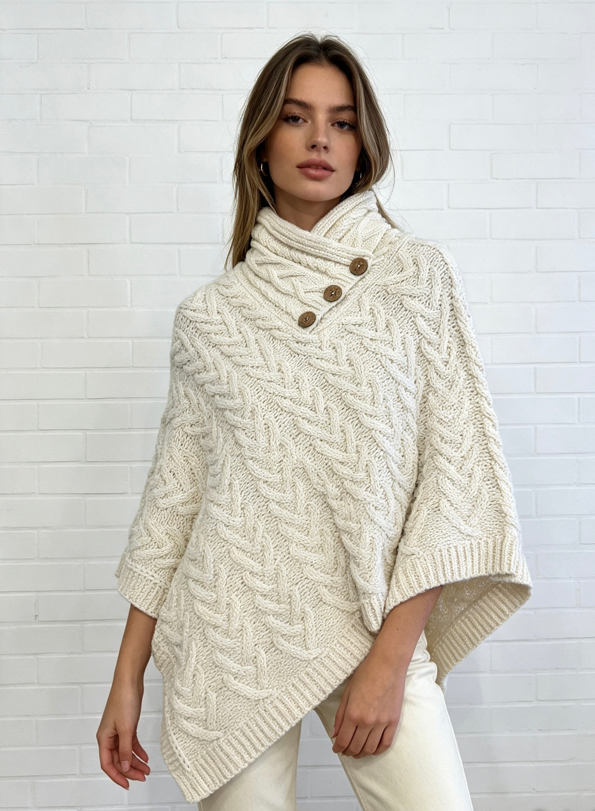 Chunky Cable Knit Poncho - Cream
