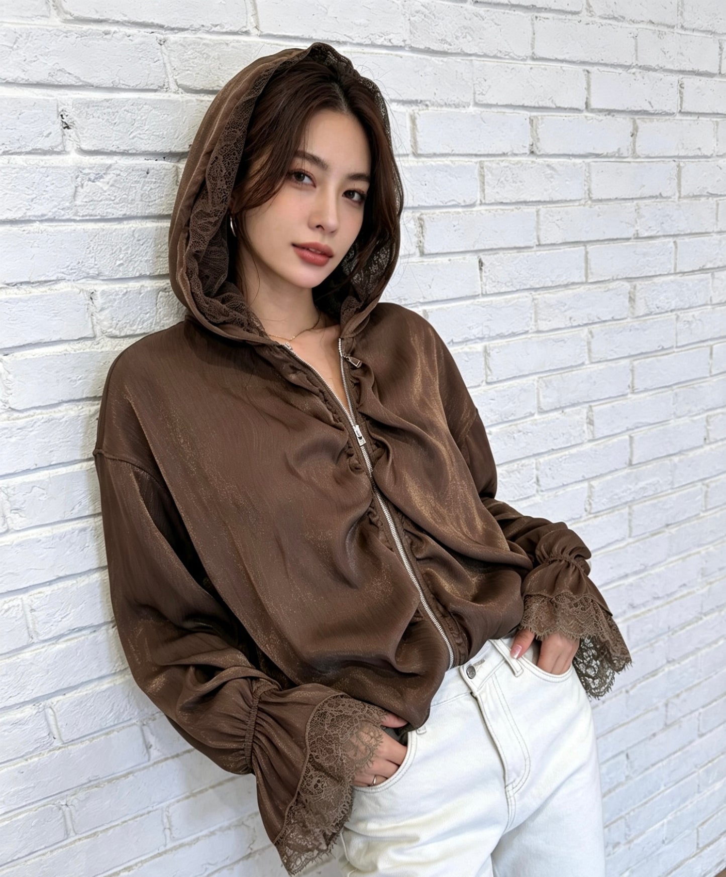 SHEER LACE DETAIL JACKET - CHOCOLATE