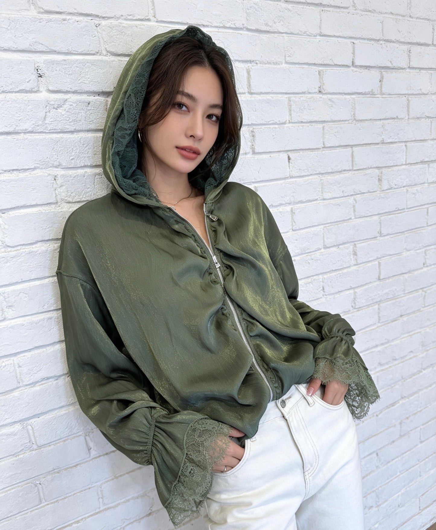 SHEER LACE DETAIL JACKET - OLIVE