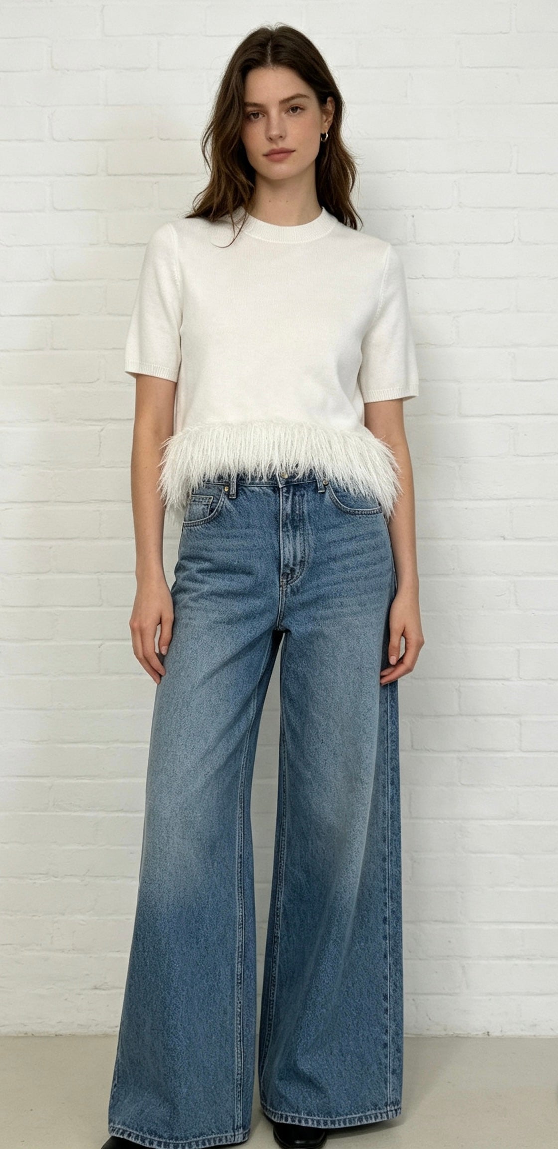 Fine Knit Fur Trim Top - Cream