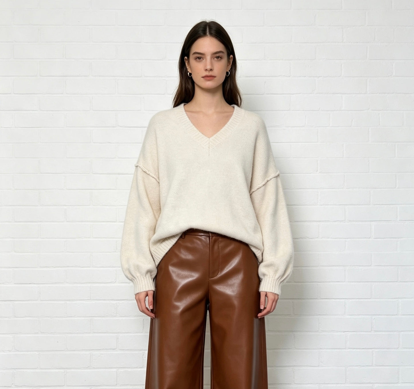 OVERSIZE V NECK WOLLEN JUMPER - CREAM