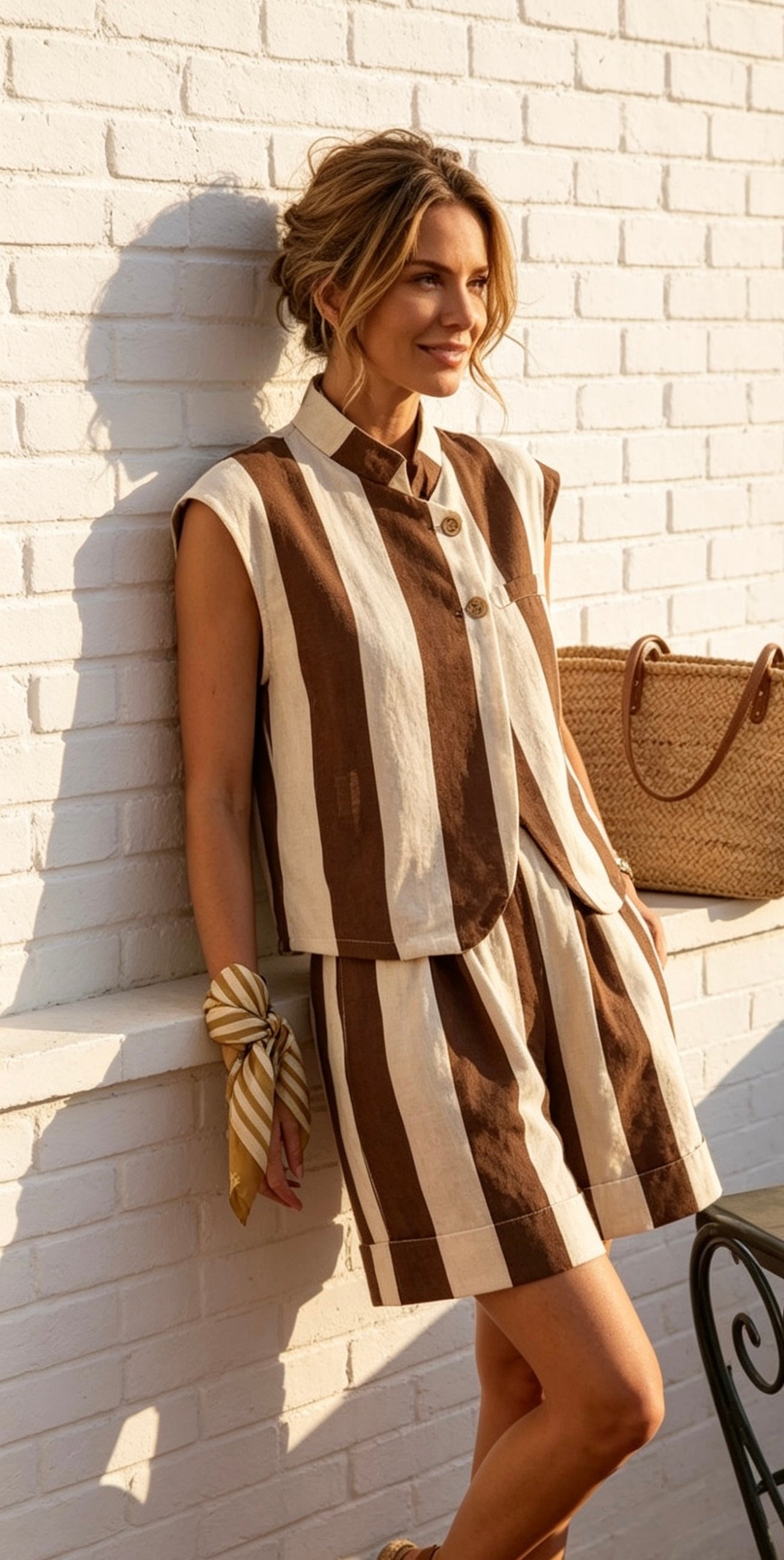 STRIPE ASYMMETRIC WAISTCOAT & SHORTS SET - CHOCOLATE