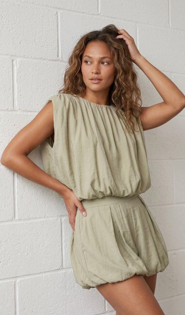 BUBBLE HEM TOP AND SHORTS SET - KHAKI