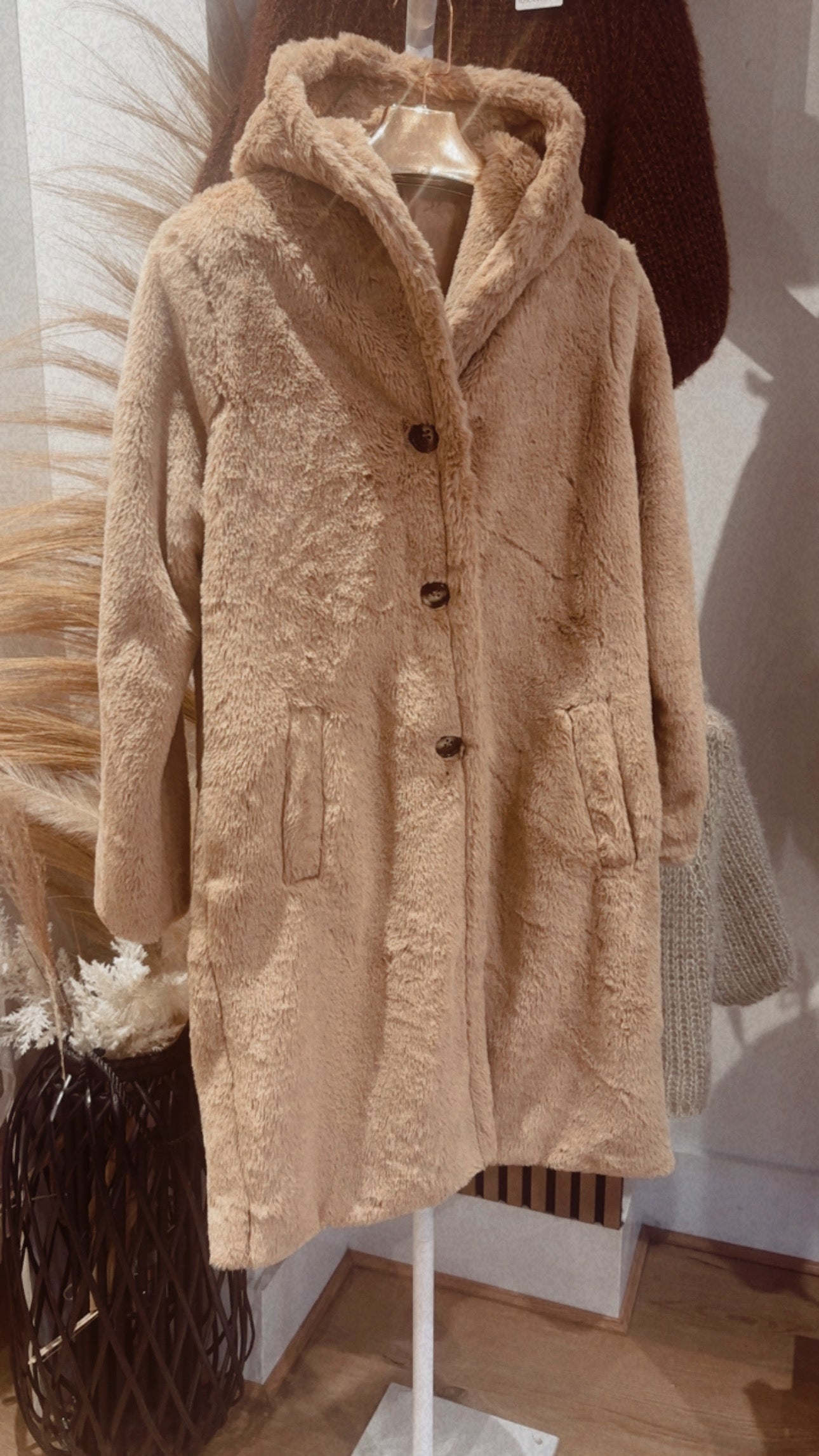 CAMEL FAUX FUR HOODED COAT