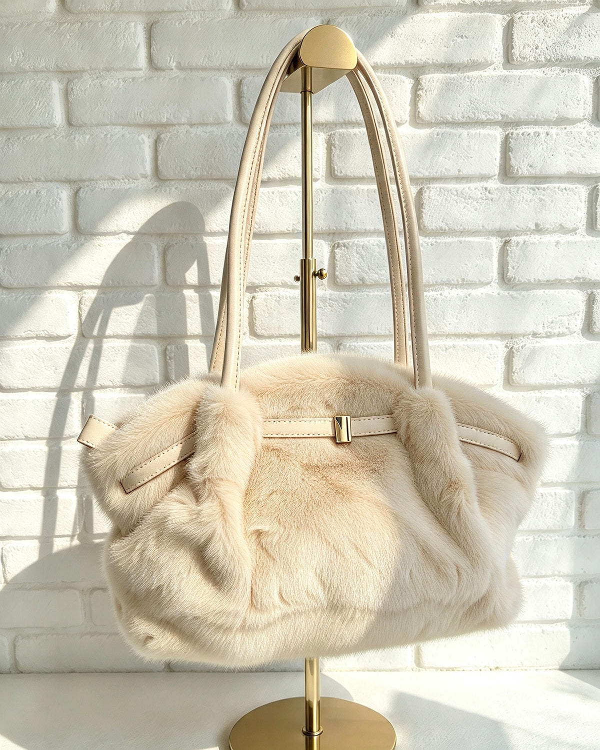 Fur Bowler Bag - Beige