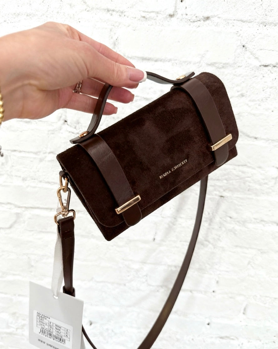FAUX SUEDE CROSS BODY BAG - CHOCOLATE
