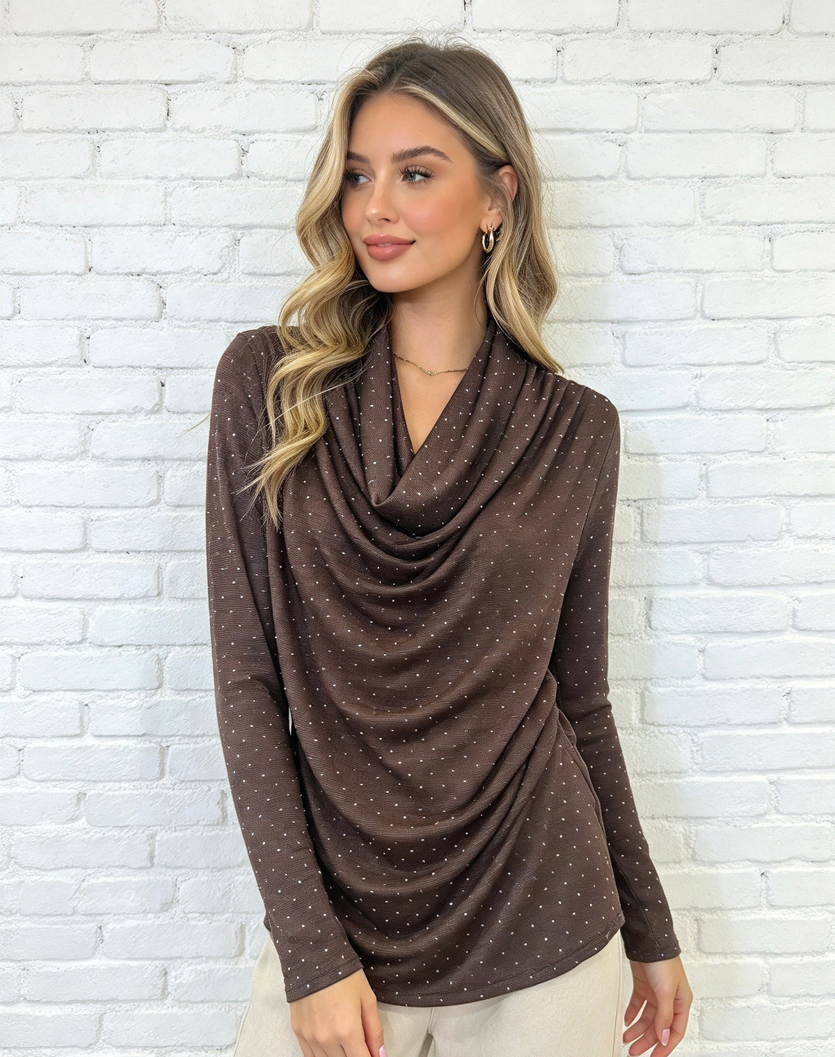 Stud Cowl Neck Top - Chocolate