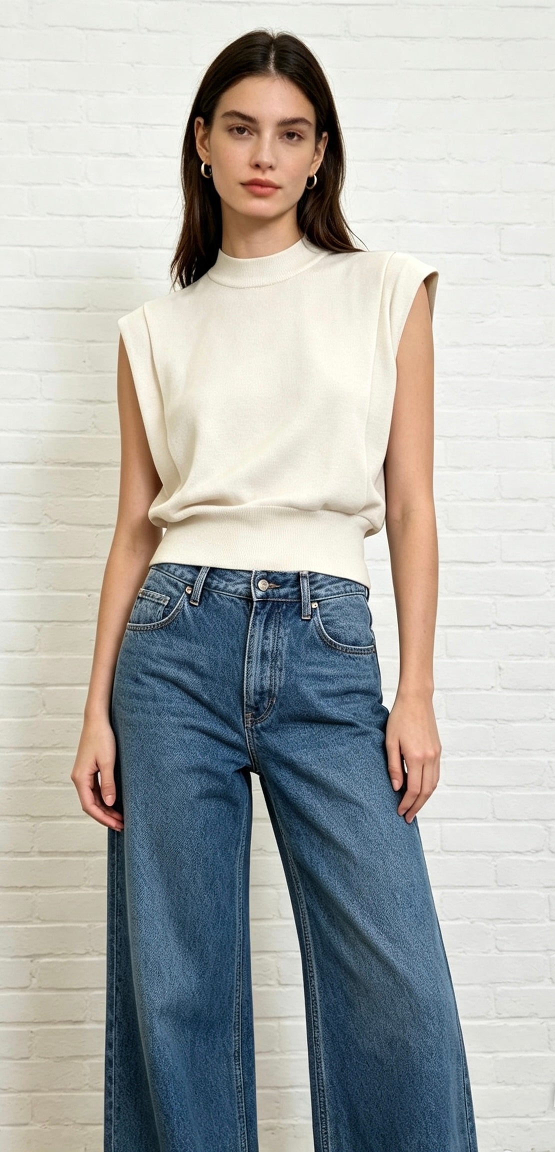 Fine Knit Shoulder Pad Top - Cream