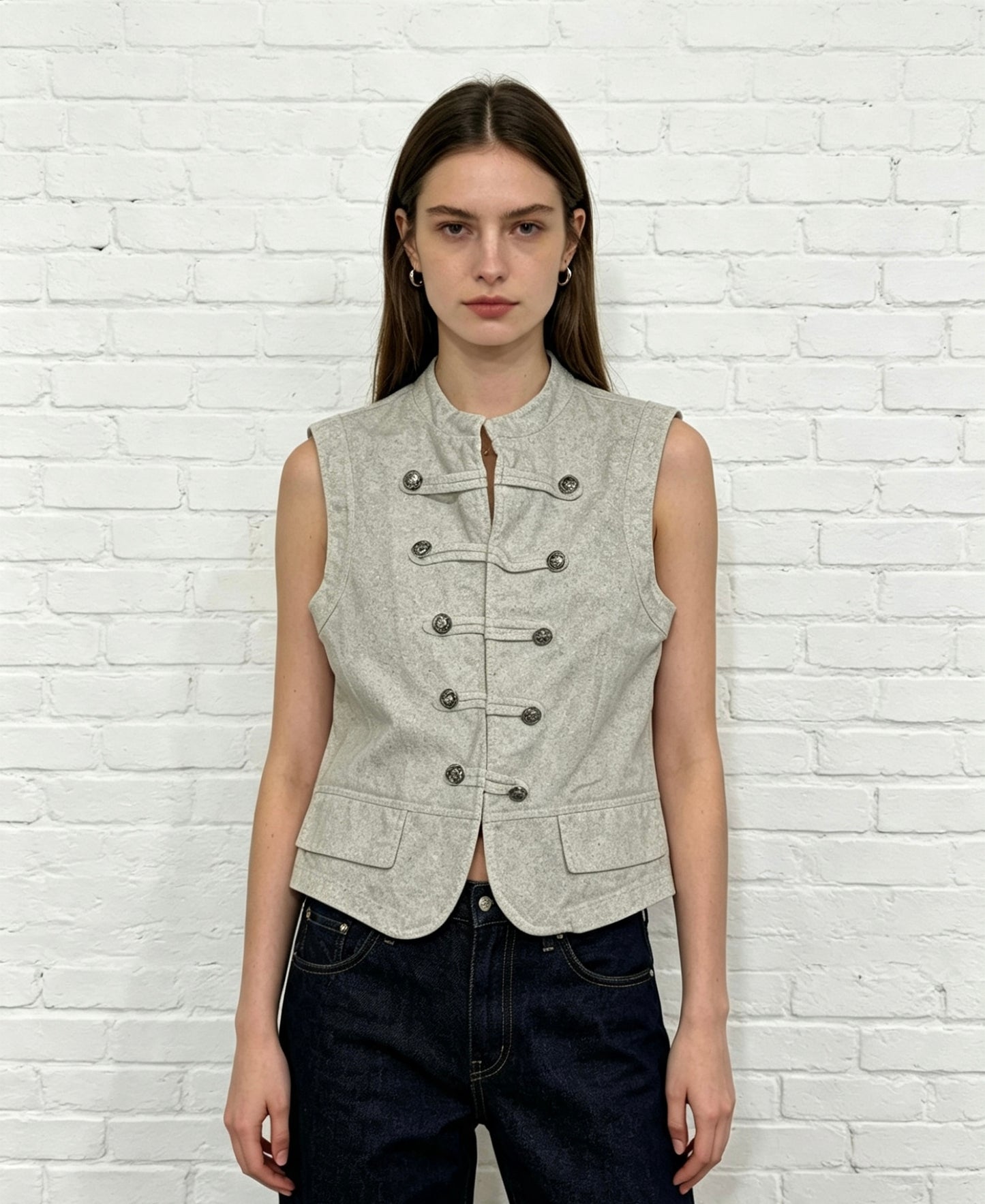 MILITARY DENIM WAISTCOAT - STONE