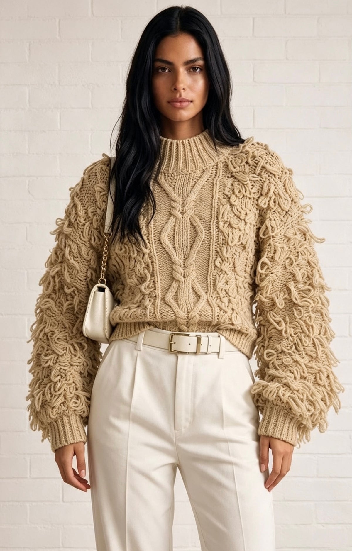 Chunky Loop Knit Cable Sweater - Camel