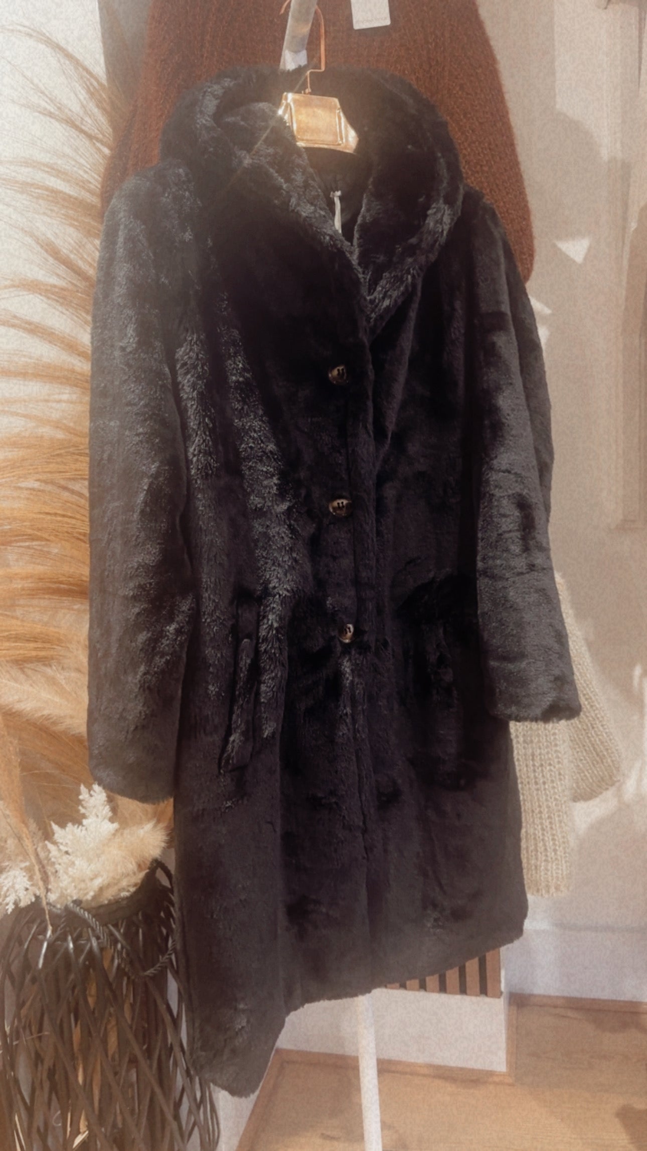 BLACK FAUX FUR HOODED COAT