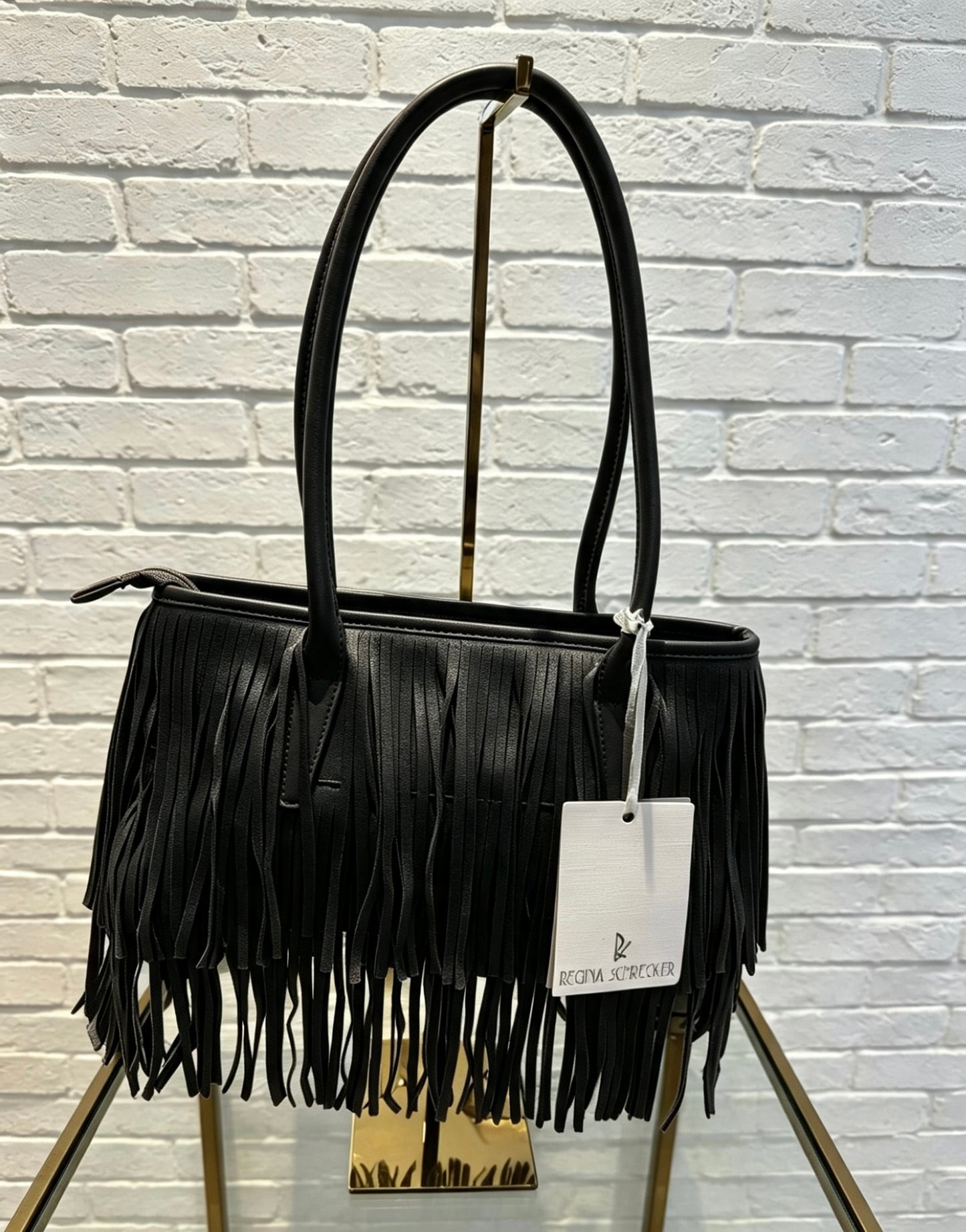 FAUX SUEDE FRINGE BOWLER BAG - BLACK