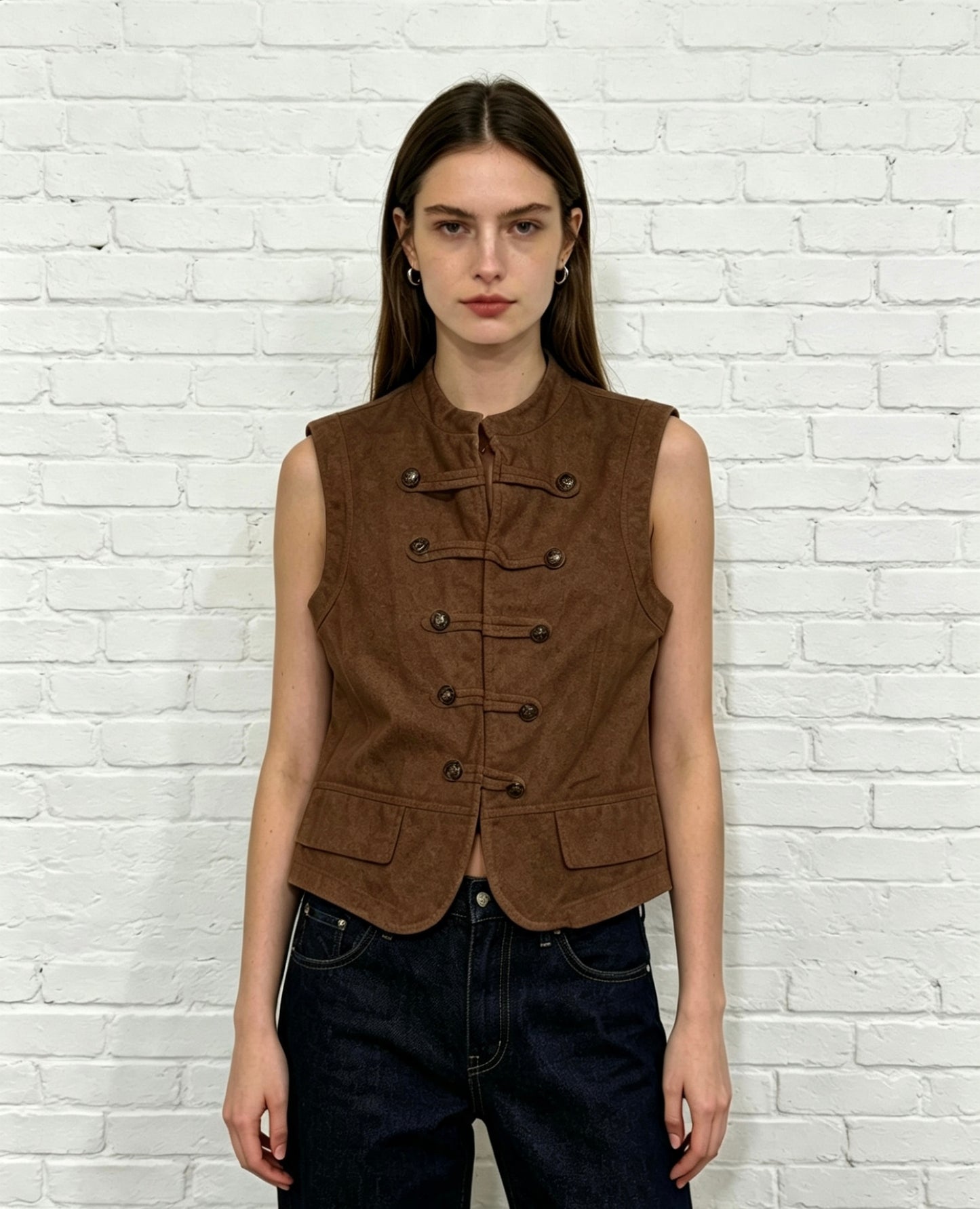 MILITARY DENIM WAISTCOAT - CHOCOLATE