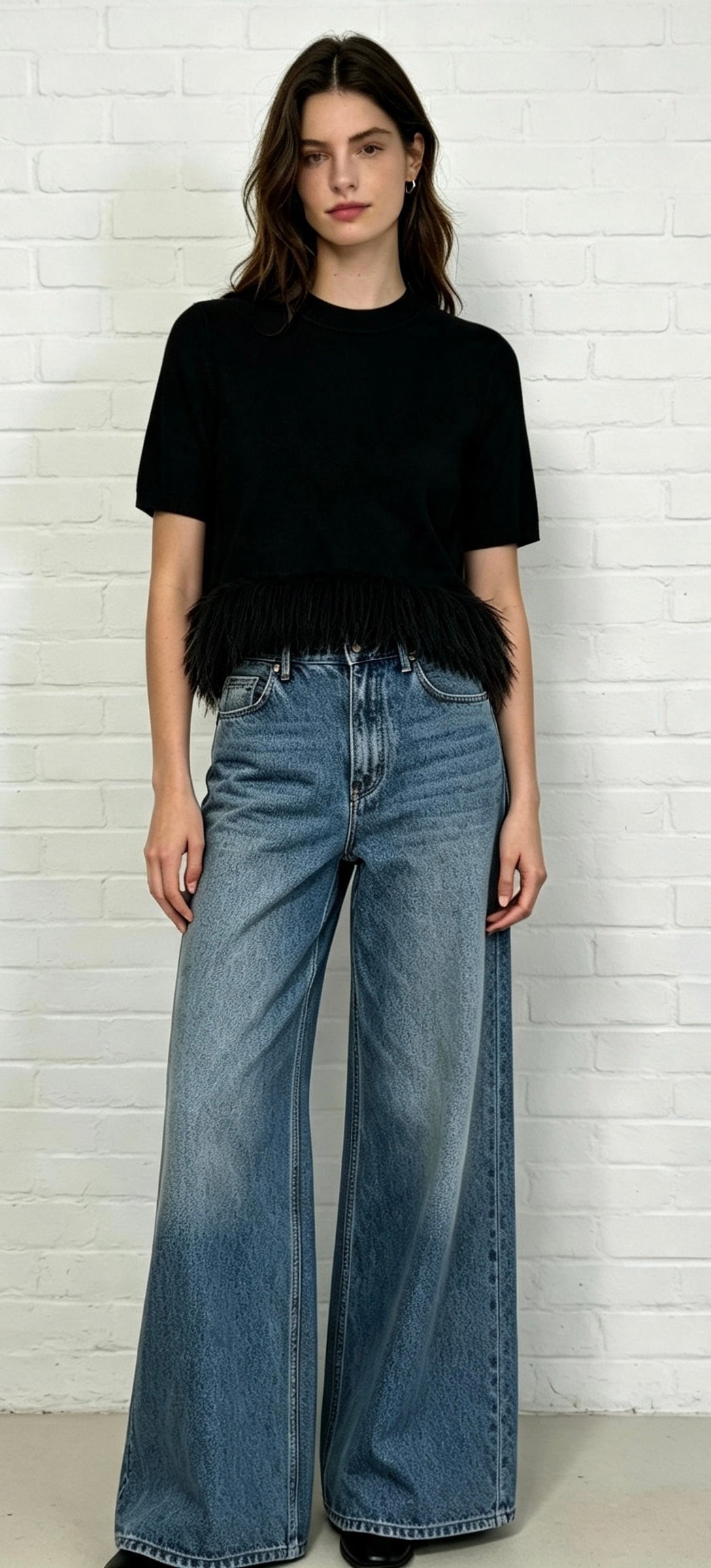 Fine Knit Fur Trim Top - Black