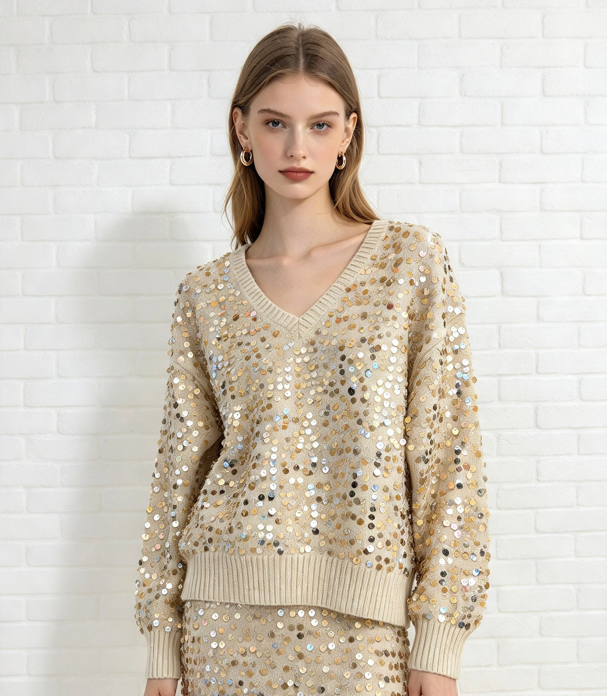 Sequin V Neck Jumper - Gold