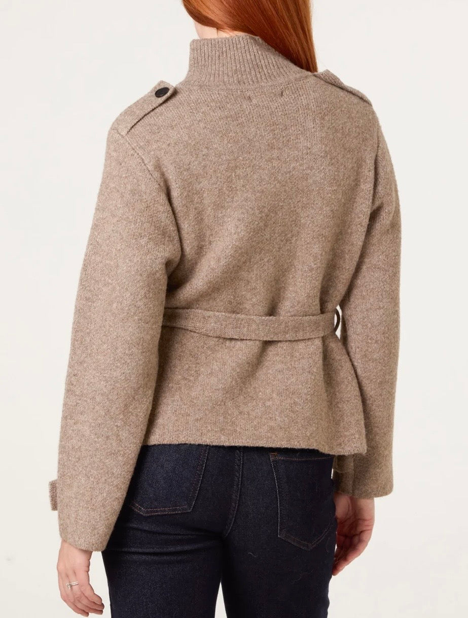 High neck cardigan with belt - Mocha Melange