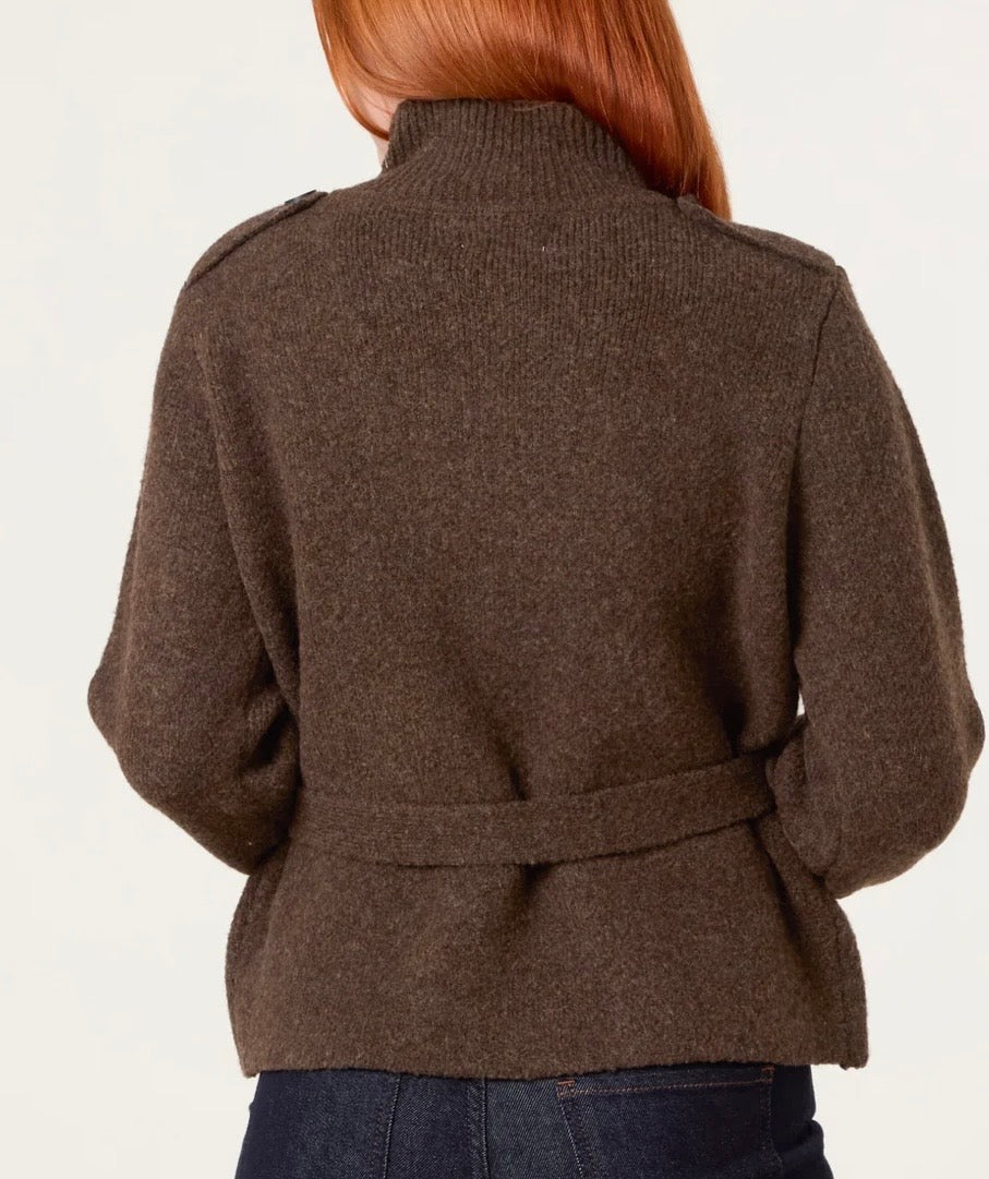 High Neck Cardigan With Belt - Chocolate Melange