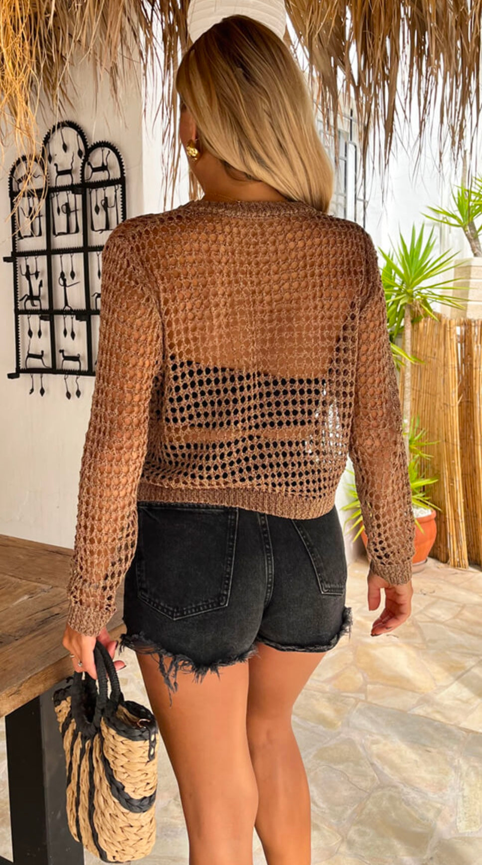 Mocha Open Stitch Long Sleeve Top
