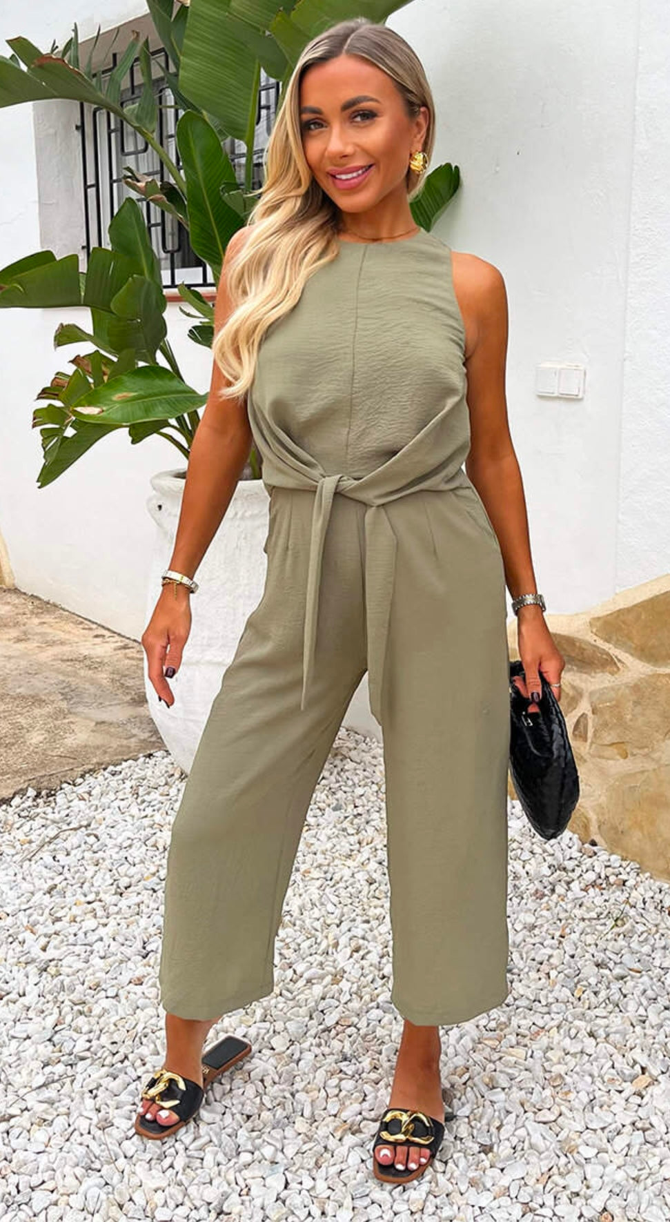 Khaki Racer Neck Tie Waist Jumpsuit