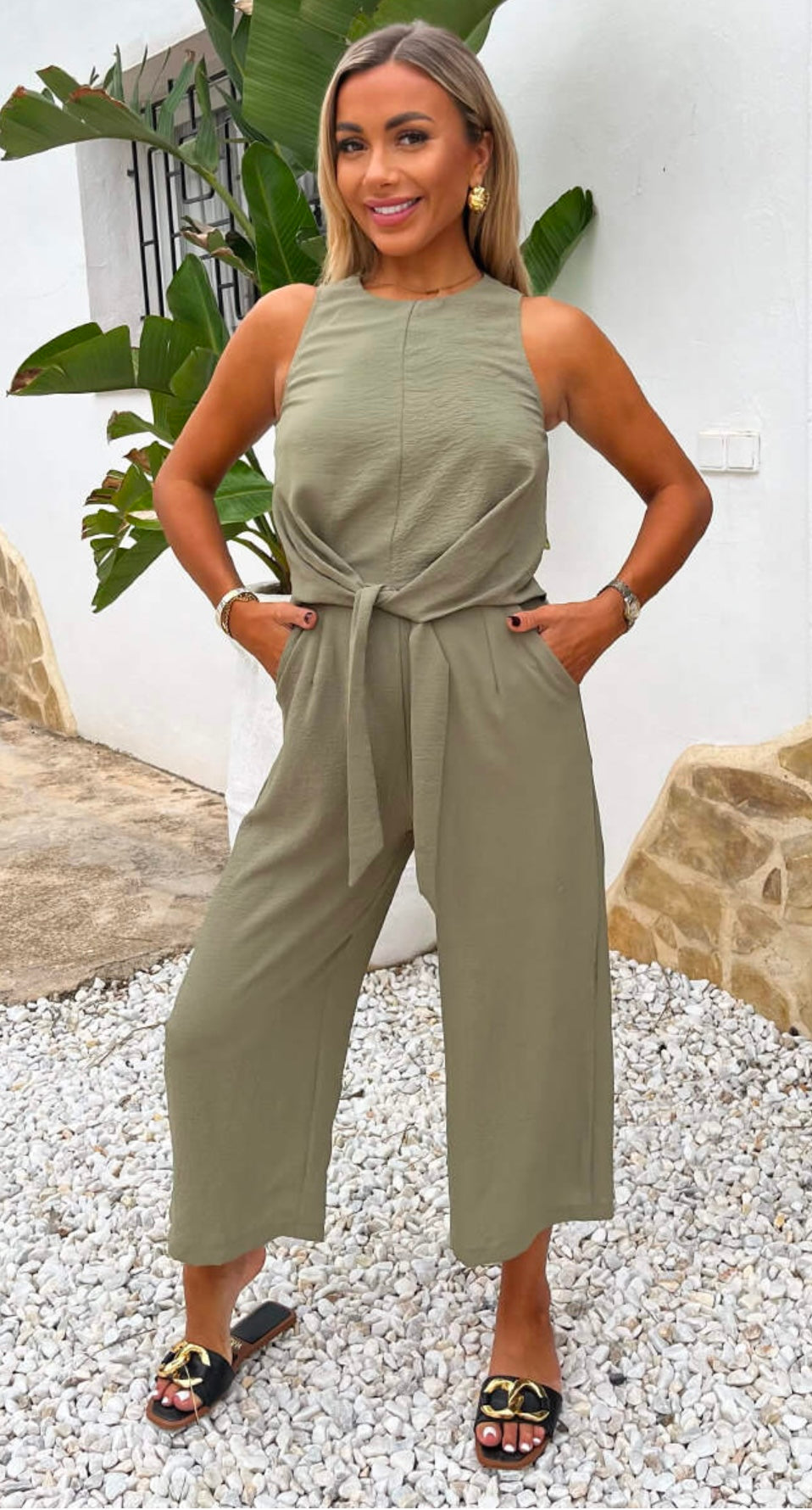 Khaki Racer Neck Tie Waist Jumpsuit