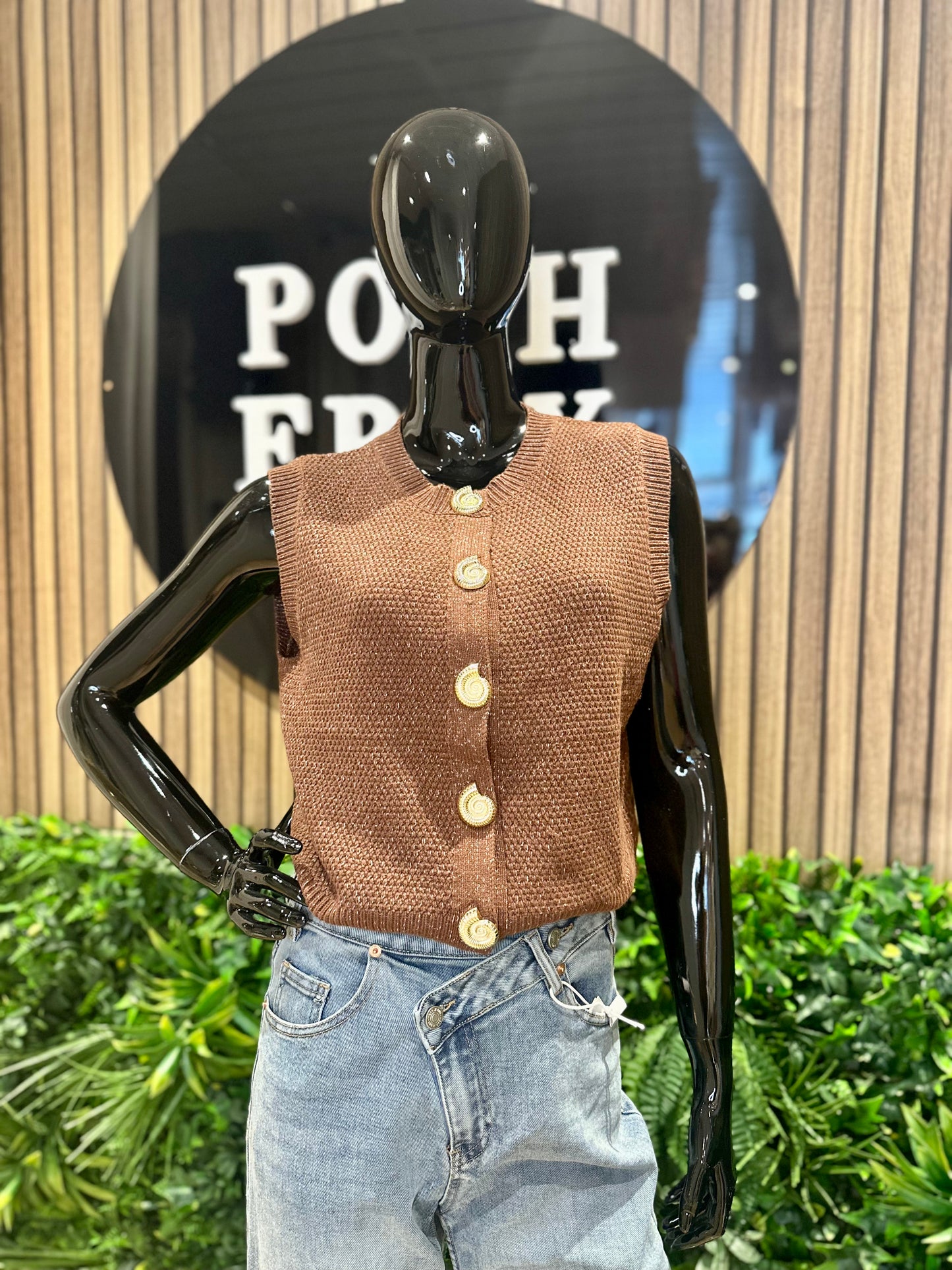 Mocha Shell ButtonFine Knit Waistcoat