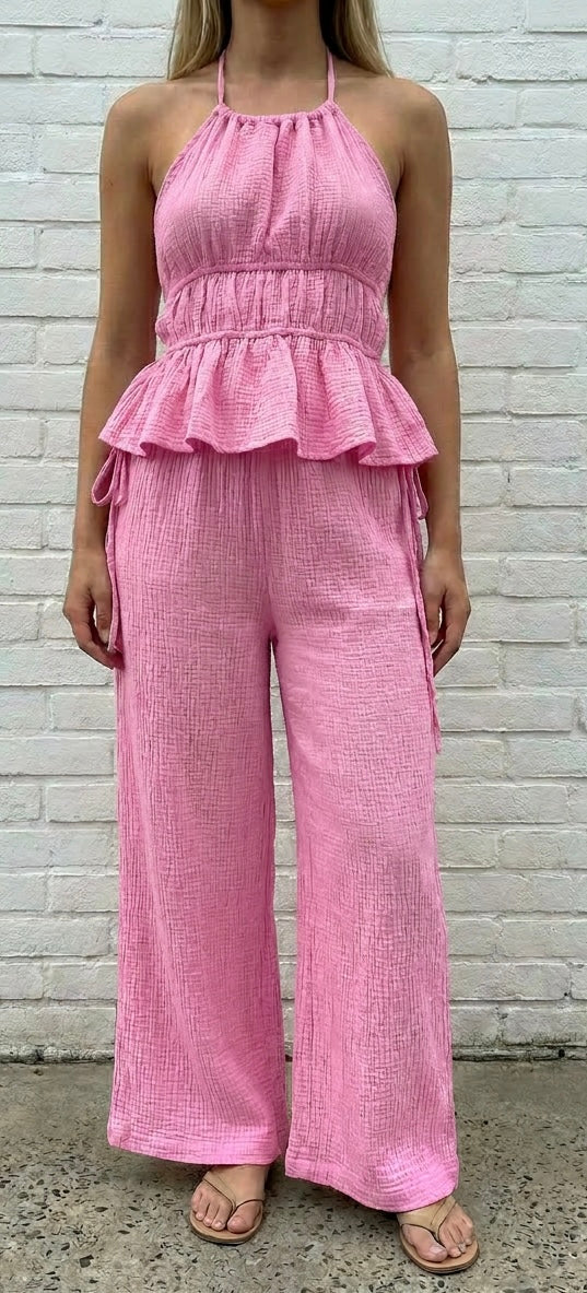 CHEESECLOTH HALTER CO ORD - BUBBLEGUM