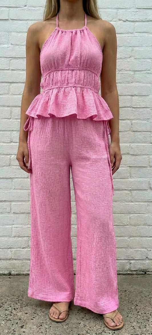 CHEESECLOTH HALTER CO ORD - BUBBLEGUM