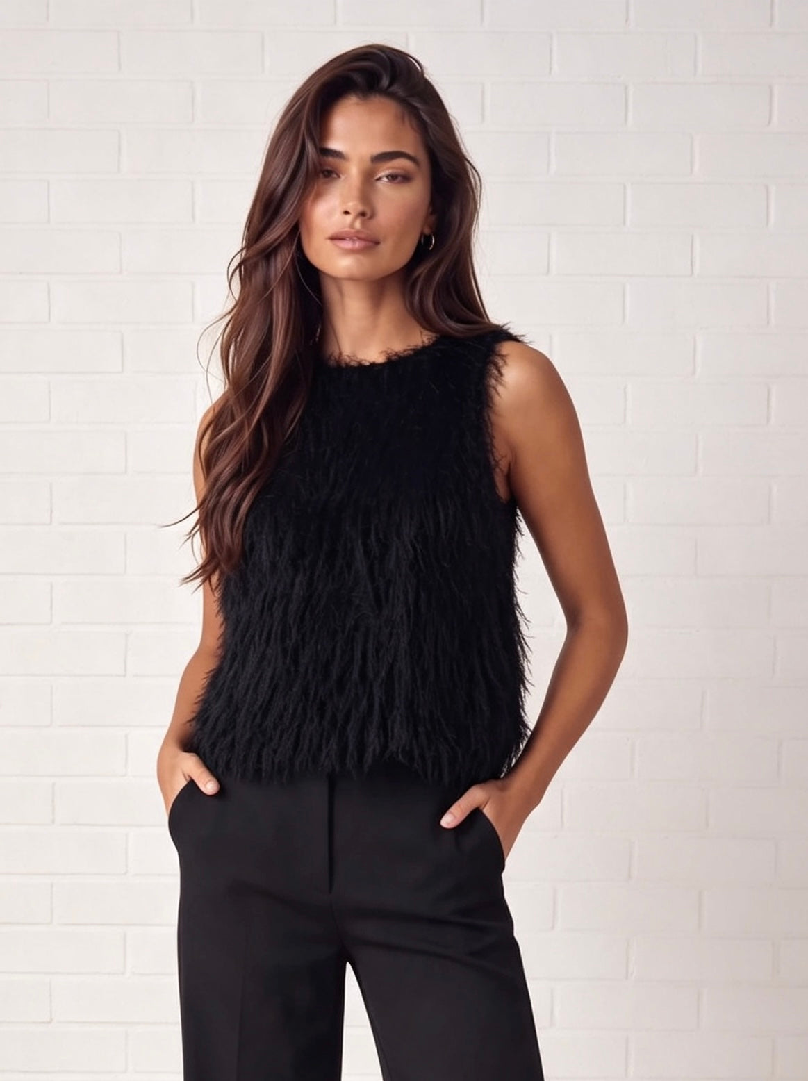 Faux Feather Sleeveless Jumper - Black
