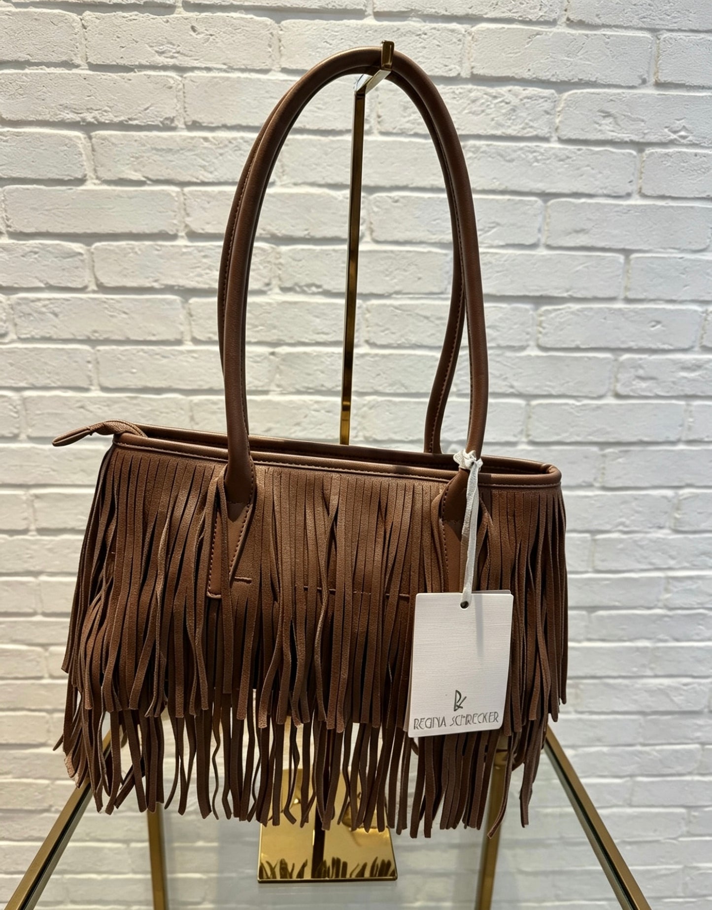 FAUX SUEDE FRINGE BOWLER BAG - CHOCOLATE