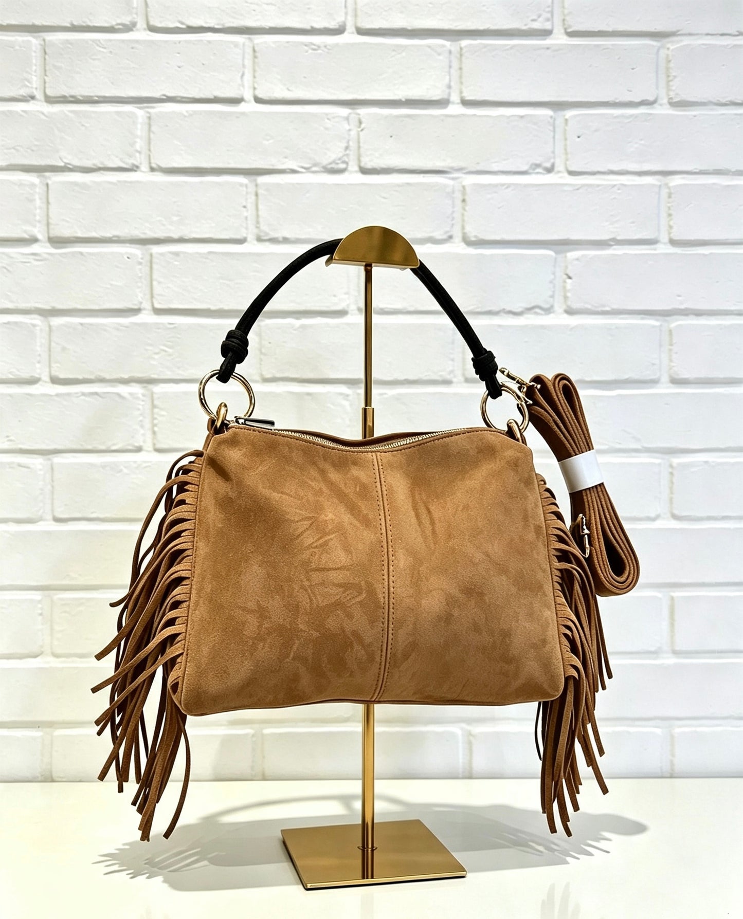 FRINGE FAUX SUEDE CROSS BODY BAG - TAN