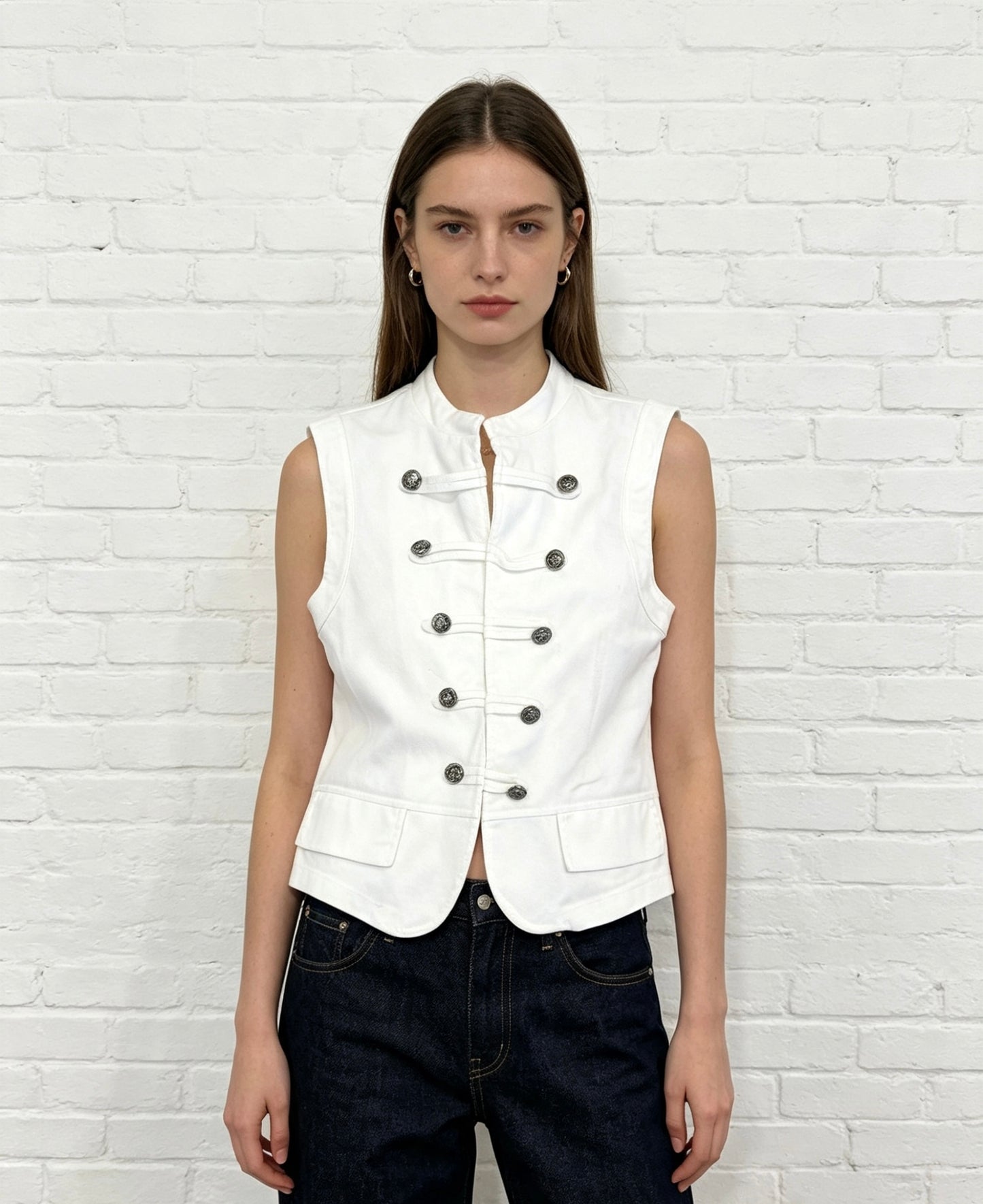 MILITARY DENIM WAIST COAT - WHITE