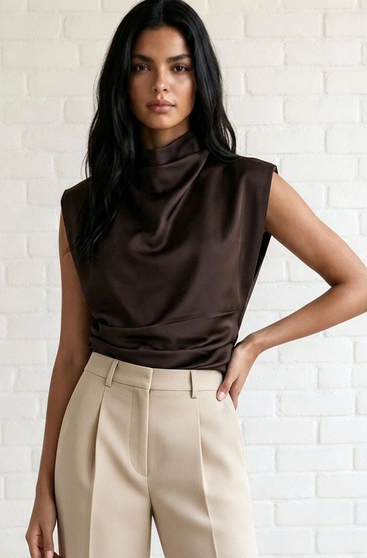Satin Cowl Neck Top - Chocolate
