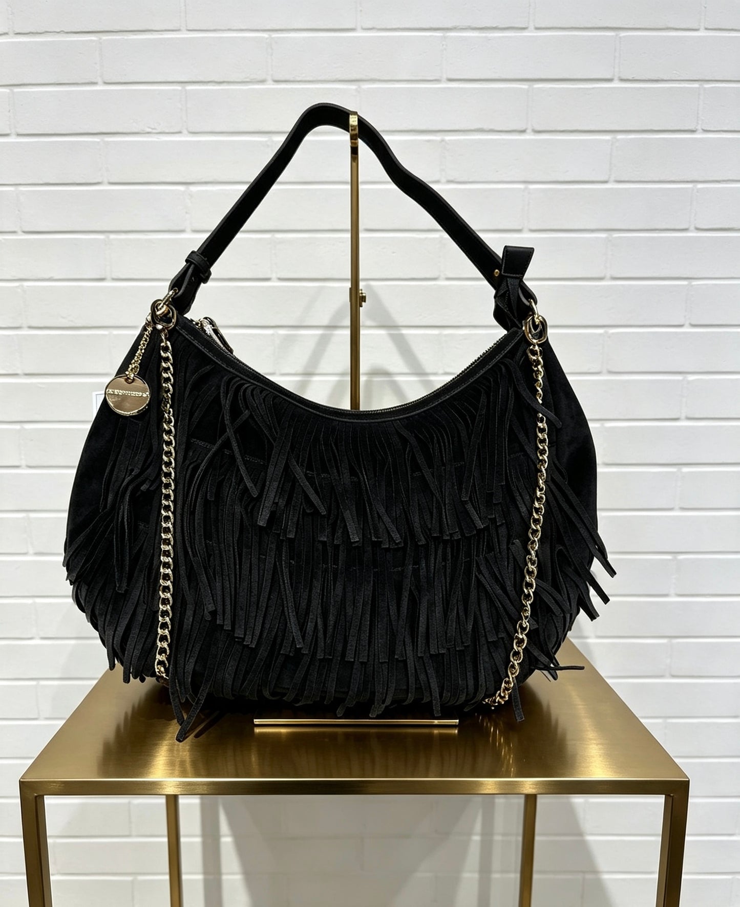 JOLEEN FAUX SUEDE FRINGE BAG - BLACK