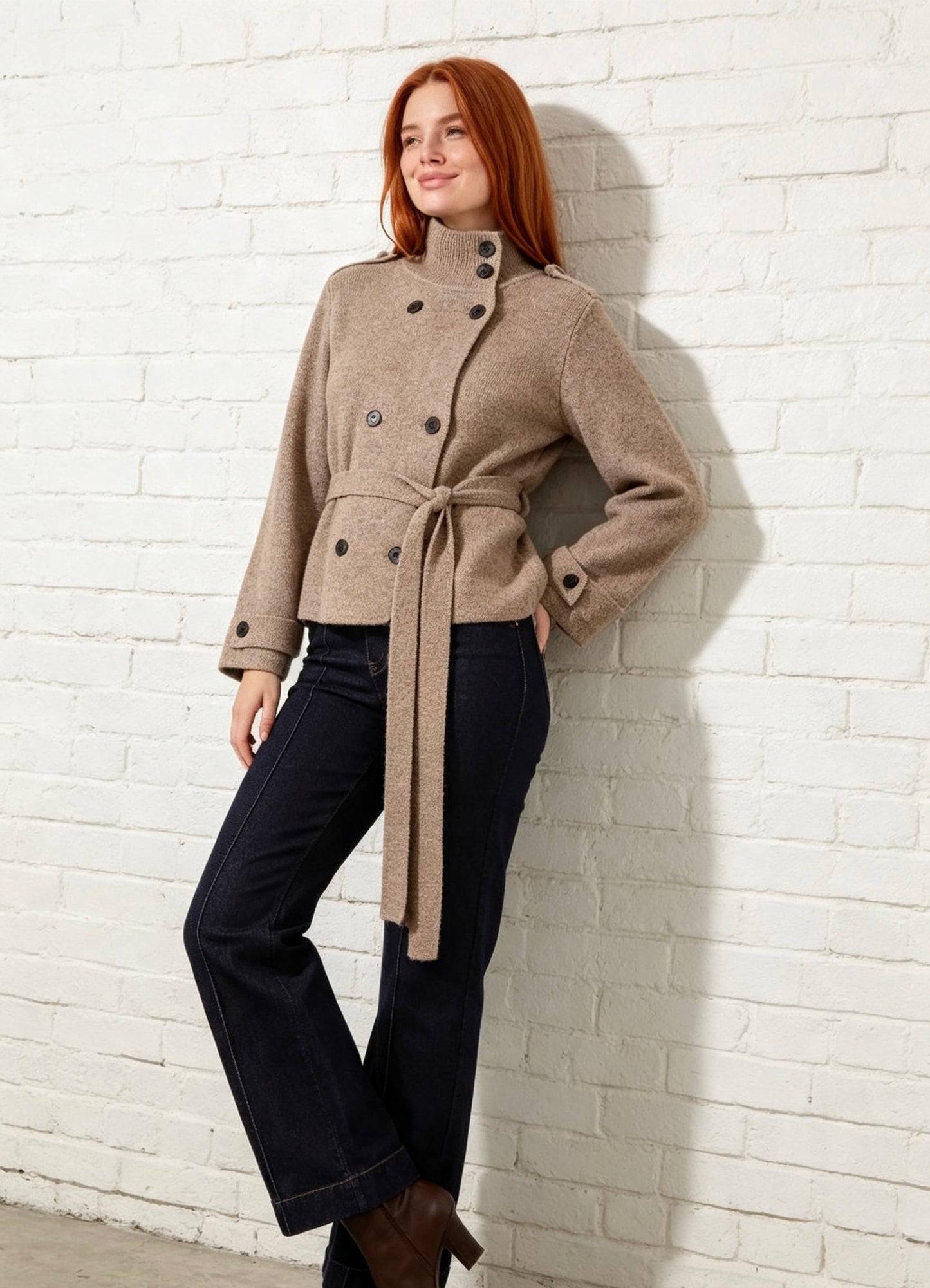 High neck cardigan with belt - Mocha Melange