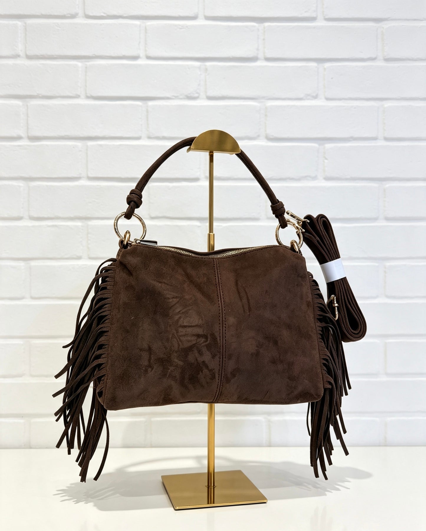 FRINGE FAUX SUEDE CROSS BODY BAG - CHOCOLATE