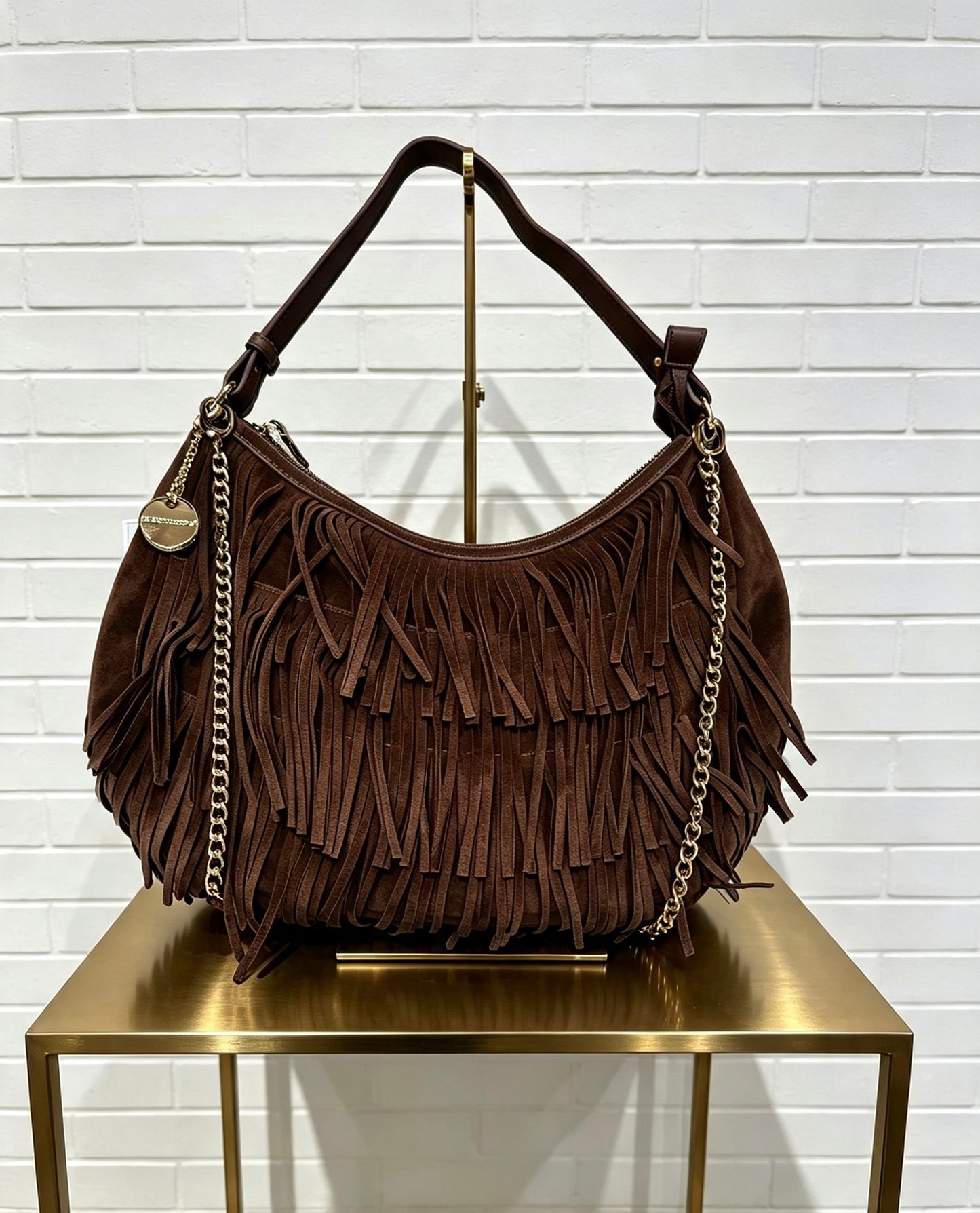 JOLEEN FAUX SUEDE FRINGE BAG - CHOCOLATE