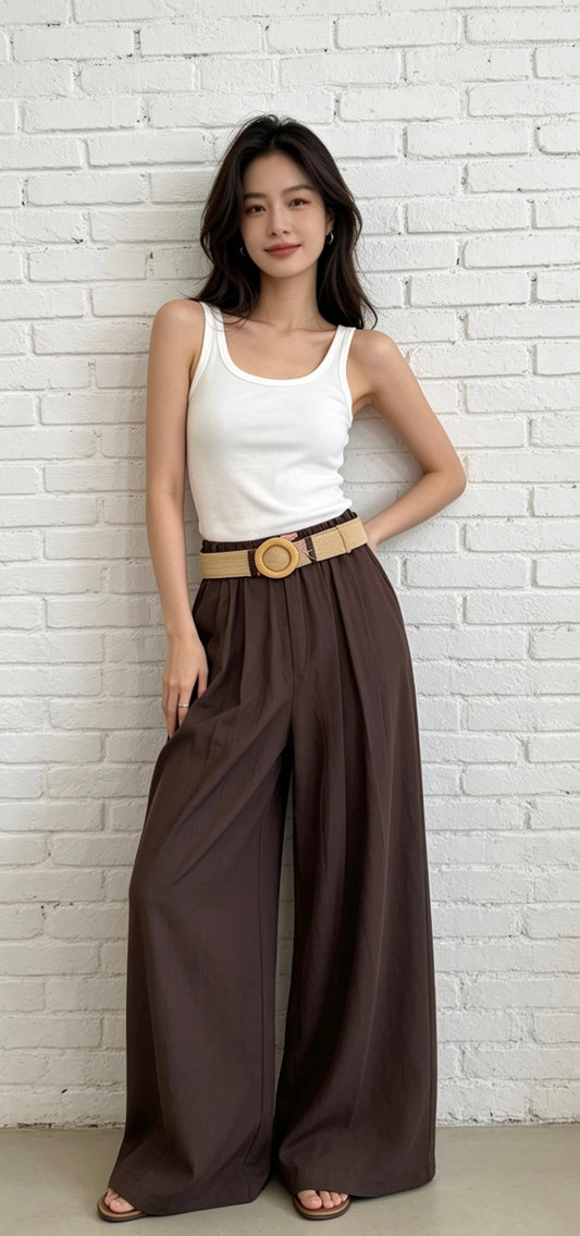 WIDE LEG TROUSER & BELT - CHOCOLATE