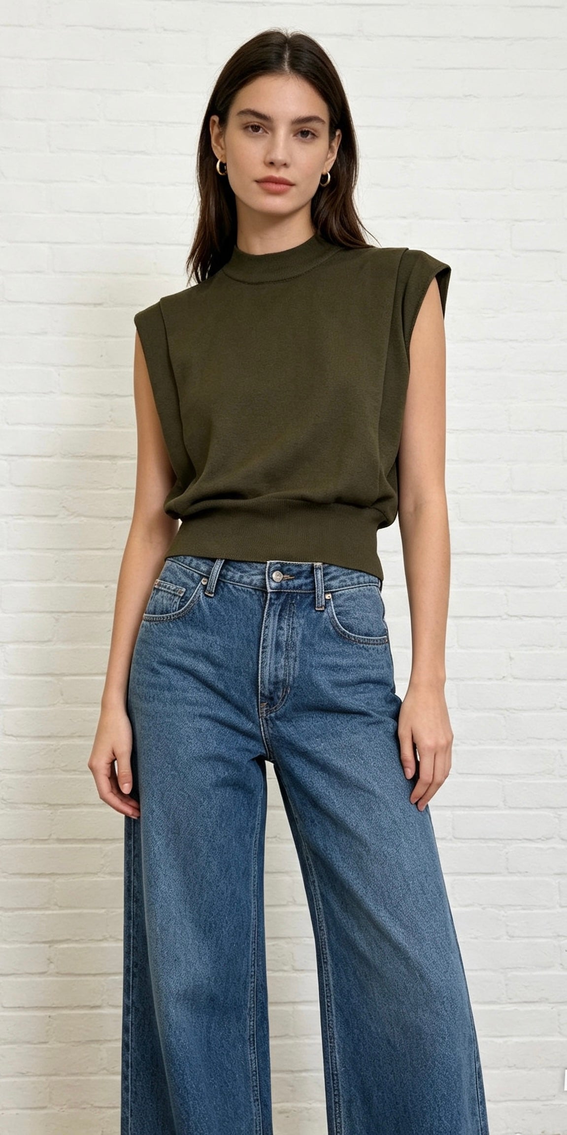 Fine Knit Shoulder Pad Top - Olive