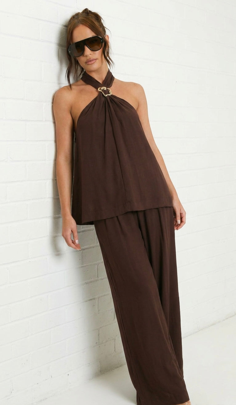 BUCKLE HALTER TOP & TROUSER SET - CHOCOLATE