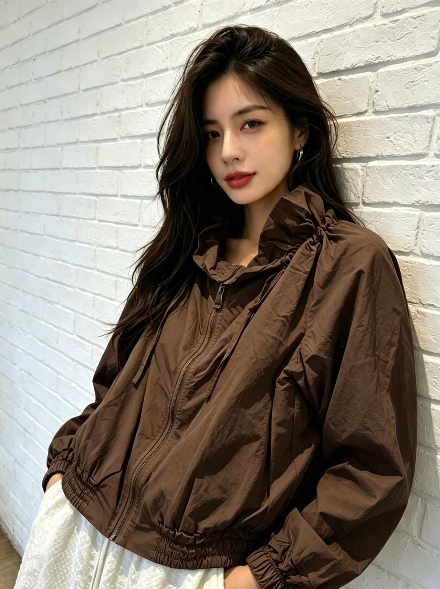 RUFFLE COLLAR LIGHT WEIGHT JACKET - CHOCOLATE
