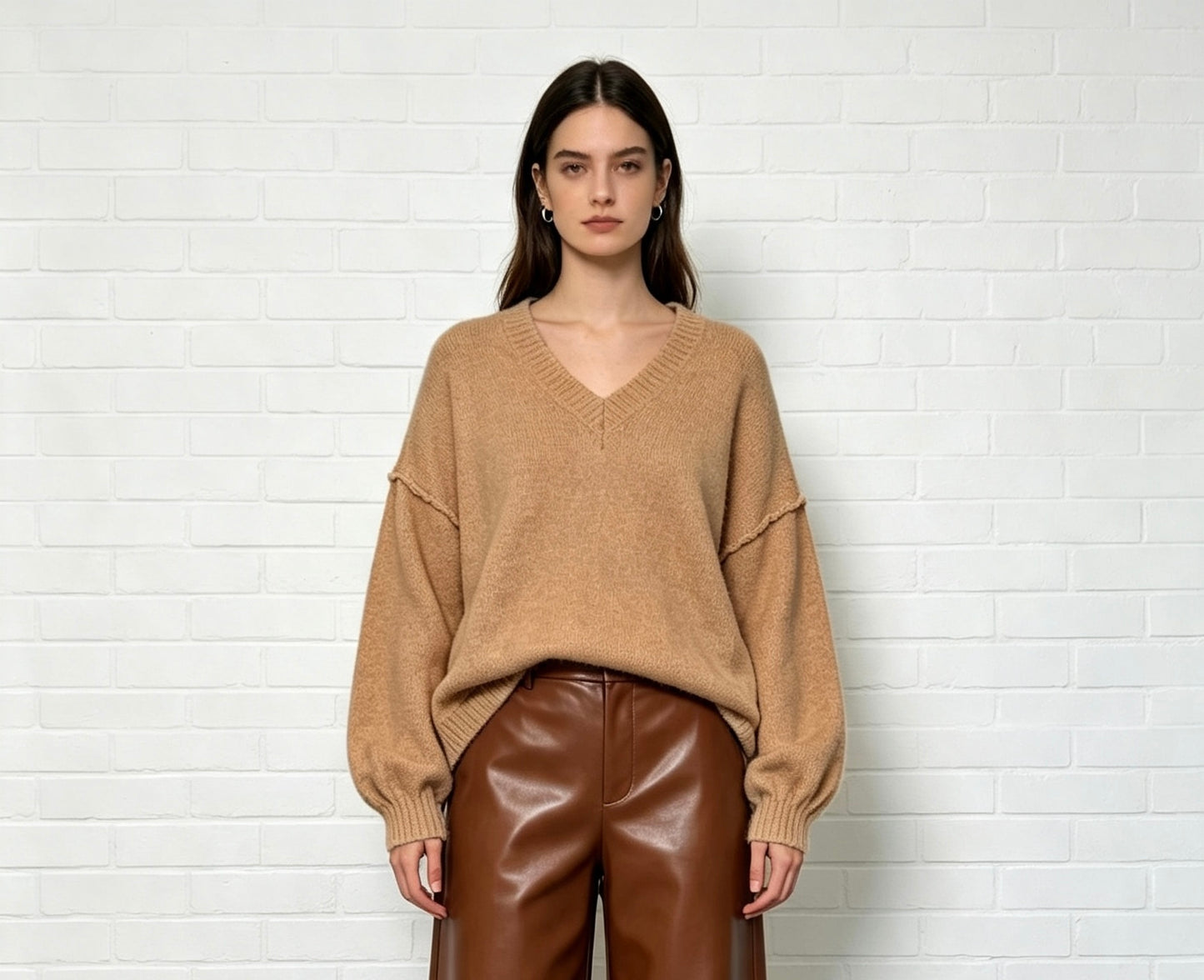 OVERSIZED V NECK WOLLEN JUMPER - TAN