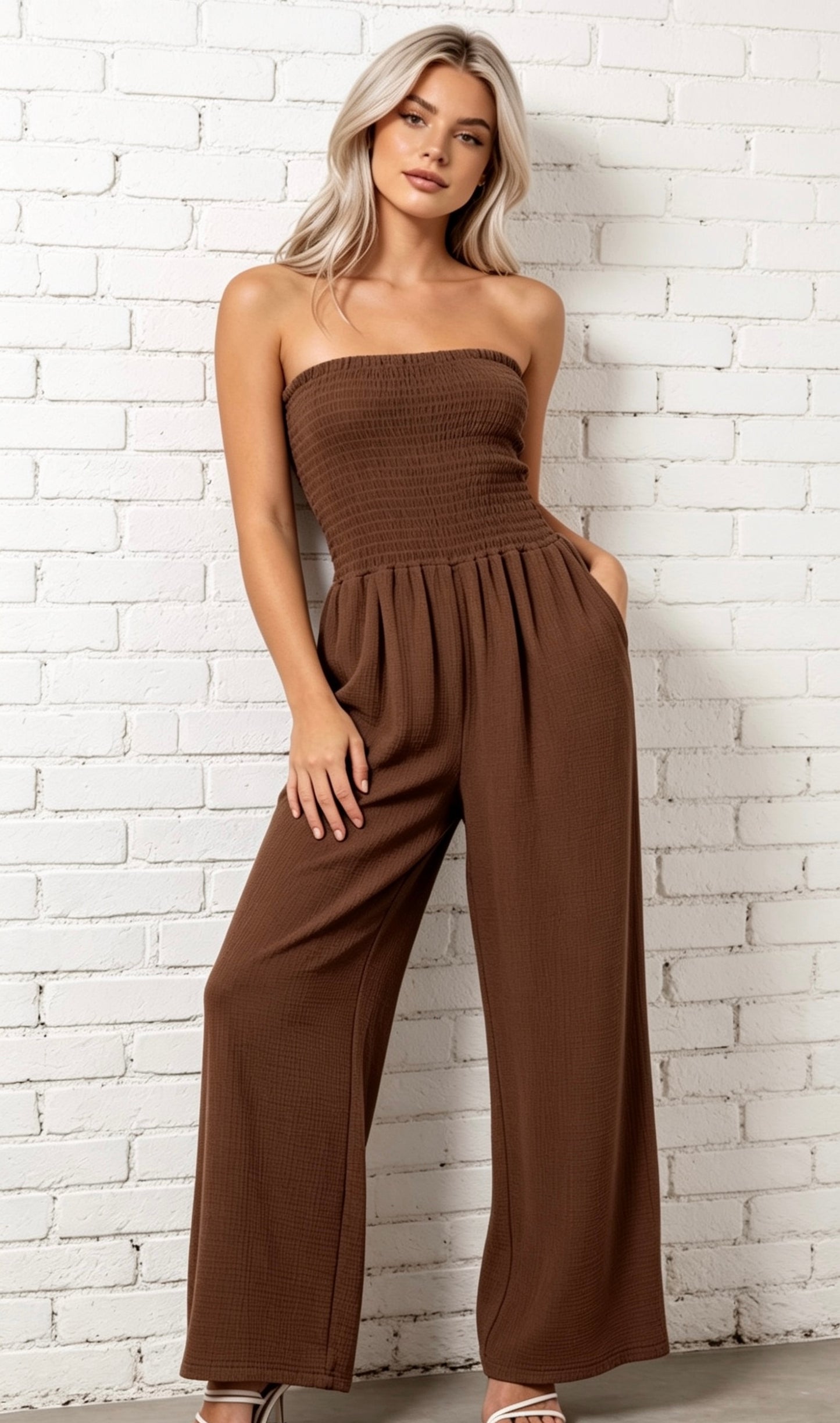 BANDEAU WIDE LEG JUMPSUIT - CHOCOLATE