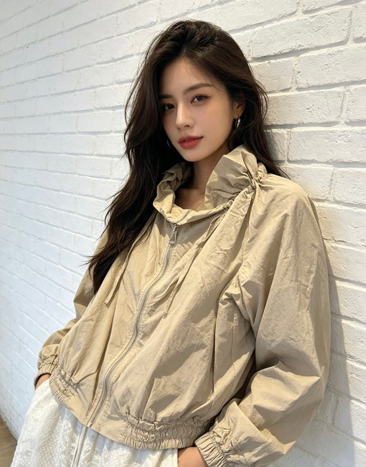RUFFLE COLLAR LIGHT WEIGHT JACKET - BEIGE
