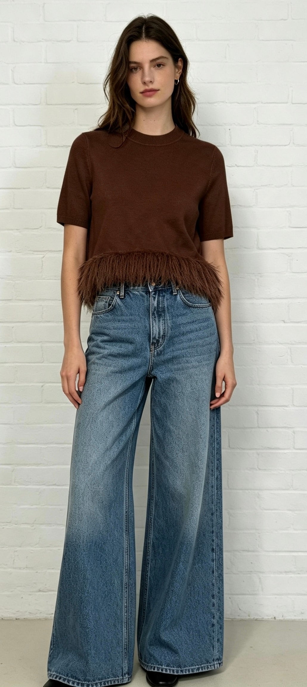 Fine Knit Fur Trim Top - Chocolate
