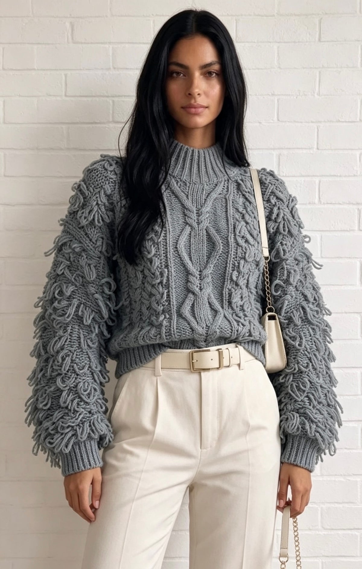 Chunky Loop Knit Cable Sweater - Grey