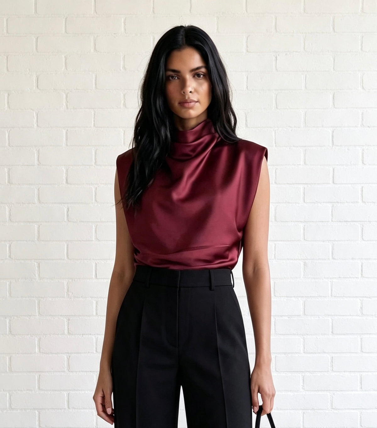 Drape Mock Neck Satin Blouse - Wine