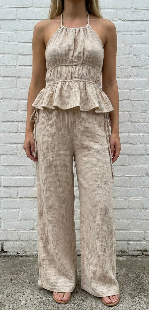CHEESE CLOTH HALTER CO ORD - STONE